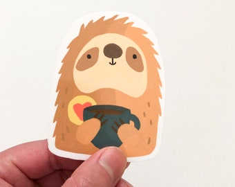 Sloth with Coffee Waterproof Vinyl Sticker