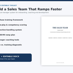 May include: A 31-page editable toolkit titled Build a Sales Team That Ramps Faster. It includes a 5-phase training framework, role-play, objection-handling, 30/60/90 ramp plan, and coaching tools. The document is available in PDF and editable DOCX.