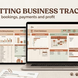 May include: A digital pet sitting business tracker displayed on a laptop and tablet screen. The interface features brown and beige color schemes with text including Zuu, PET SITTING BUSINESS TRACKER, Client Database, and Profit Overview.
