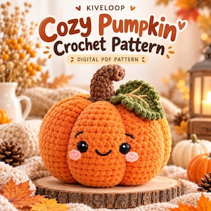 Puede incluir: Una calabaza de ganchillo con un tallo marrón y una hoja verde, con una cara sonriente de ojos negros y mejillas rosadas. El texto superior dice KIVELOOP Cozy Pumpkin Crochet Pattern DIGITAL PDF PATTERN.