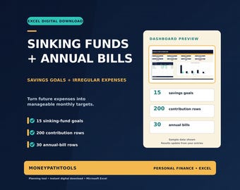 Sinking Funds Tracker Spreadsheet, Annual Bill Planner, Savings Goal Excel Digital Download