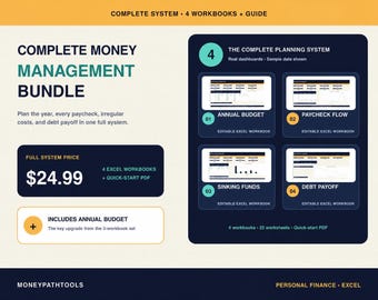 Budget Spreadsheet Bundle for Excel: 4 Workbooks for Paychecks, Savings and Debt Payoff