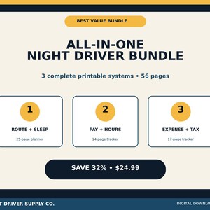 May include: A digital download bundle titled ALL-IN-ONE NIGHT DRIVER BUNDLE with 3 printable systems and 56 pages. It includes a 25-page ROUTE + SLEEP planner, a 14-page PAY + HOURS tracker, and a 17-page EXPENSE + TAX tracker by NIGHT DRIVER SUPPLY CO.