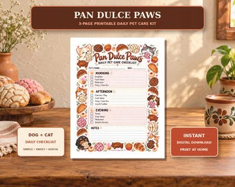 Pan Dulce Paws Pet Care Planner, 3-Page Printable Feeding and Wellness Log, Digital PDF
