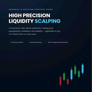 Op de afbeelding: Een donkerblauwe educatieve gids getiteld High Precision Liquidity Scalping, met een intraday- en scalping-strategiegids, 8 trainingsmodules, praktische oefeningen, een risicobeheerkader en een grafische weergave van rode, groene en blauwe candlesticks.