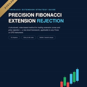 Peut inclure: Un guide pédagogique bleu foncé intitulé Precision Fibonacci Extension Rejection, avec une bannière diagonale dorée indiquant Available Now. La couverture inclut du texte sur un cadre de trading à deux niveaux, 12 chapitres et un graphique en chandeliers.