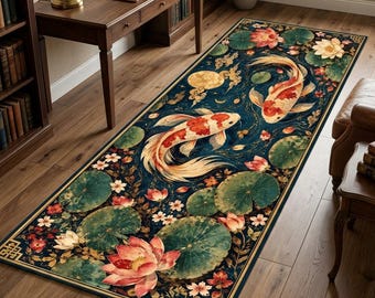 Koi Fish Runner Rug | Japanese Inspired Hallway Decor, Lotus Botanical Kitchen Runner