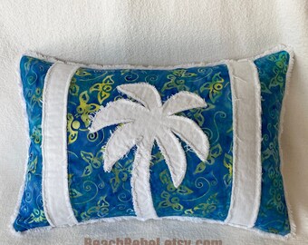 Palm Tree Bolster Pillow Cover: Blue Batik & Denim, 18x12 Boho Pillow