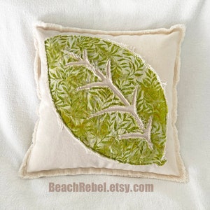 Leaf pillow cover in green leaf design batik and natural distressed denim boho pillow cover 16&quot;