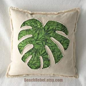 Tropical leaf pillow cover in green bamboo design batik and natural distressed denim boho pillow cover 18&quot;