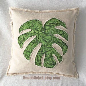 Tropical leaf pillow cover in green bamboo design batik and natural distressed denim boho pillow cover 18&quot;