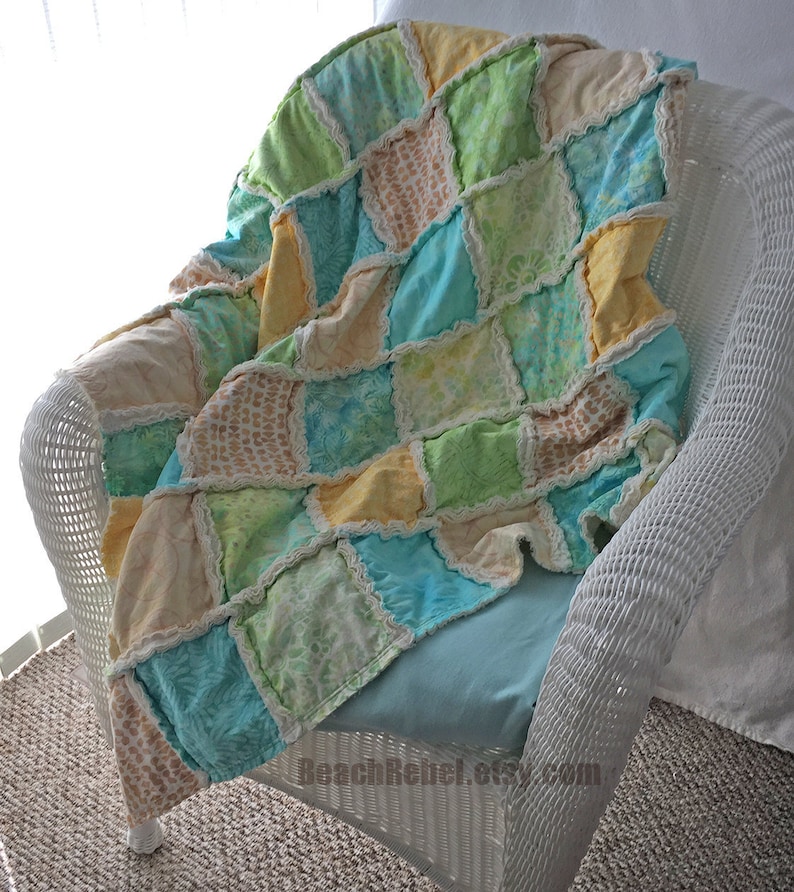 Batik Rag Quilt Throw in Aqua Yellow Green and Tan With Ivory Etsy