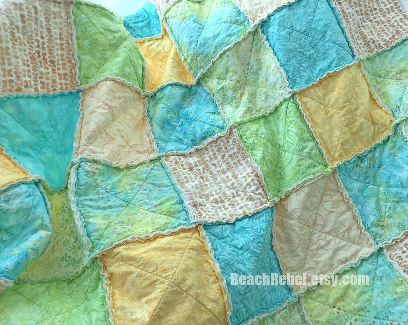 Rag quilt throw pastel batiks in soft aqua green yellow and ivory rag quilt 63x63 beachy shabby quilt