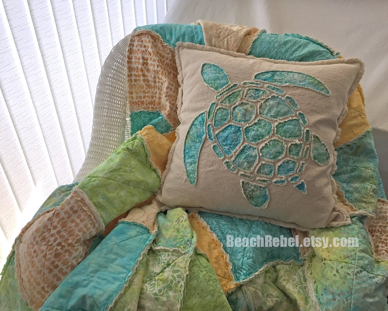Rag quilt throw pastel batiks in soft aqua green yellow and ivory rag quilt 63x63 beachy shabby quilt