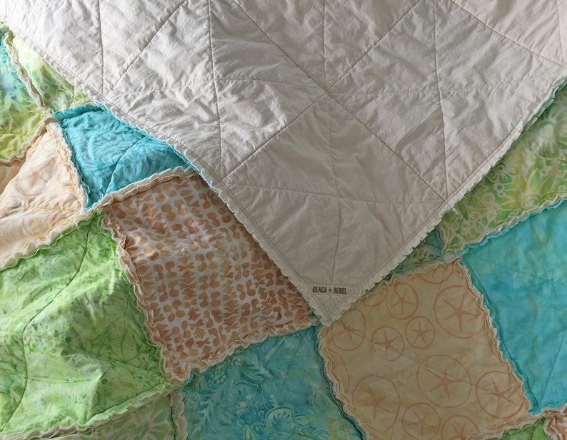 Rag quilt throw pastel batiks in soft aqua green yellow and ivory rag quilt 63x63 beachy shabby quilt