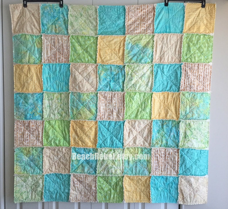 Rag quilt throw pastel batiks in soft aqua green yellow and ivory rag quilt 63x63 beachy shabby quilt