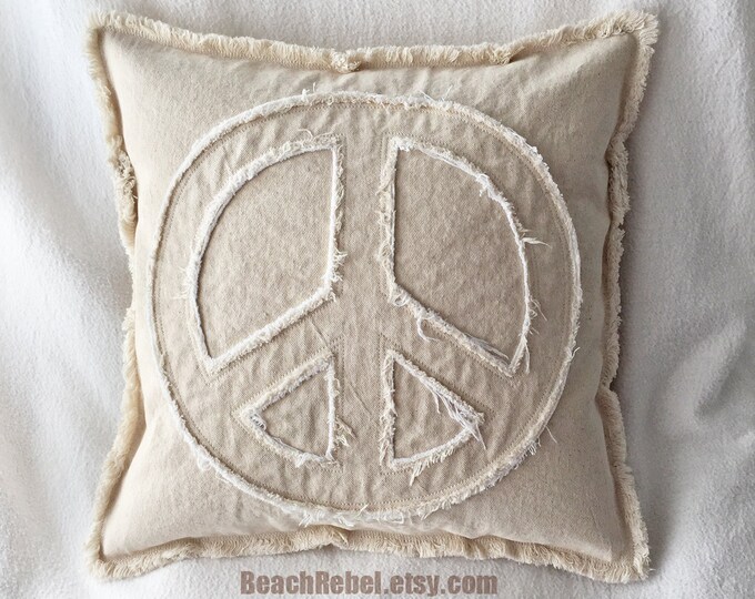 Peace Sign Pillow Cover in Natural and White Distressed Denim 16 Boho