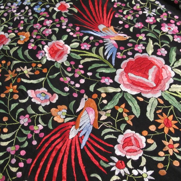 Spanish Piano Shawl. Exquisite Black Silk with Ornate Flora & Fauna Design. FLOWERS/Birds of Paradise Abundant. Seville, Spain FLAMENCO CHIC