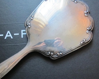 Antique, Older Vintage, "Made in Denmark" Fish Makers' Mark Silver Vanity Hand Glass Mirror