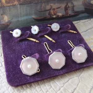 Antique MOP Pearl Tuxedo Stud Set, 14k Gold Platinum Octagon Edwardian Art Deco