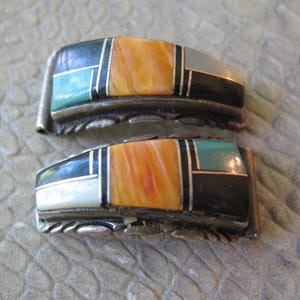 Zuni Multi Stone Inlay Inlaid Gemstone Sterling Silver Watch Band Stone Accents Gem Slide Watch Strap Indian Tribal Spiny Oyster, Onyx, MOP