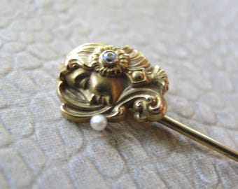 14k Art Nouveau Lady with Pearl & Diamond Stickpin, Lapel Collar, Cravat Scarf Pin, Antique, 1880s-1910s American Art Nouveau Fine Gold Pin