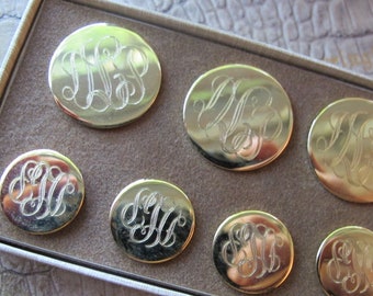 Monogram dLp Gold Tone Button Set, True Vintage, Old Stock, Unused or Worn, Jacket or Blazer Buttons Set, Unisex. 7 Gold Button Box Set