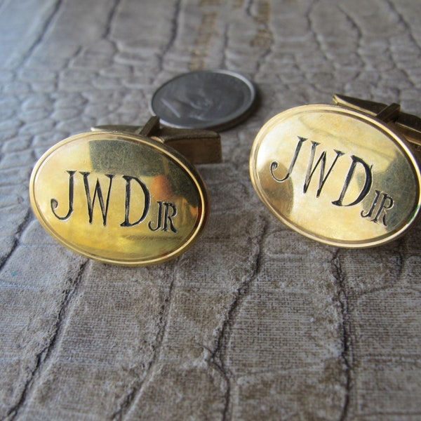 Monogram Estate Cufflinks, Makers' Mark BAB 1/20 12k GF. Hand Block Engraving: "JWD jr", Vintage Classic Traditional Oval Shape in Gold Fill