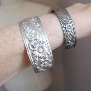 S Kirk & Son Sterling Silver Repousse Cuff Bracelet 60's Vintage Baltimore Rose Flower Floral Small Botanical Silver Cuff, Wide Silver Cuff