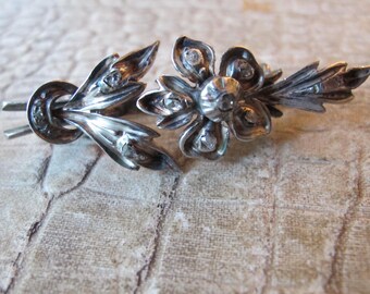 Antique Diamond Paste Solid Silver Brooch Pin Leaf Flower Art