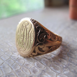 Father's Day - Antique 10k Yellow-Rose Gold, MJB Monogram Signet Ring, Hand Engraved Script, Size 12, Victorian to Edwardian in Style