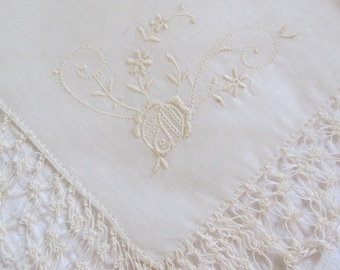 Trousseau Embroidered, Filet Net Trimmed Lace Linen Handkerchief Hankie Hanky, Something Old, Something Borrowed, Wedding Bridal Lace Linens