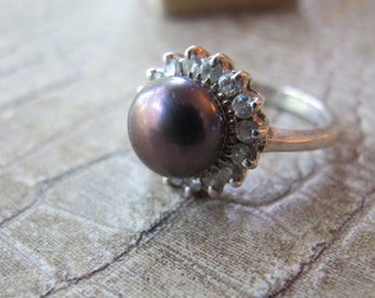 Peacock Button Pearl w/ CZ Prong Set Clear Stone Gemstone Ring, 925 Stamped, Sterling Silver Pearl Bead Ring. Understated Cocktail 925 Ring