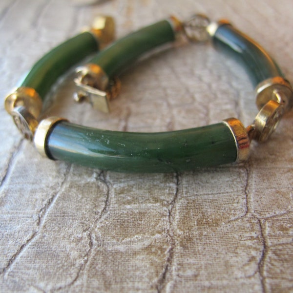 Gold Vermeil on Sterling Silver Jade Stone Link Bracelet, Vintage 1970s Style Asian Jade Jewelry. LOVE Clasp, Safety Chain, Nephrite Spinach