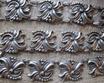Viking Craft Sterling Silver Flower Panel Link Chain Necklace & Bracelet Set. 1940&#39;s Silver Exotic Floral Statement Jewelry Collector Silver