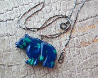 Zuni Azurite Carved Stone Bear Indian Fetish, Sterling Bale, Native American Fetish Carved Bead Animal Charm Pendant Talisman Southwest Bear