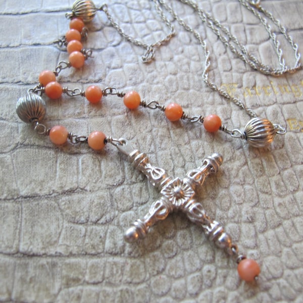 Sterling Silver Rosary Style Coral and Silver Fluted Bead Hand Wire Wrapped Chain Necklace w/ Lovely Silver Repousse Cross Pendant, TGI Mark