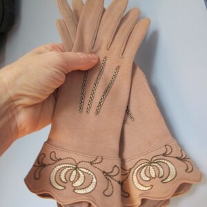 1940's Made in Germany Beige Cloth & Embroidered Cream / Green Stitching Gauntlet Cuff, Snap Wrist, Gently Loved Worn Women's Lady's Gloves