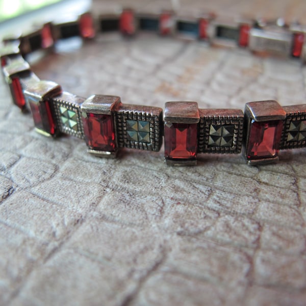 Gemstone Garnet & Marcasite Line Tennis Sterling Silver Bracelet 925 Silver, Garnet Baguette Stones, Signed by Maker NF Thailand 925 Jewelry