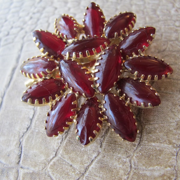 Designer Style 1950's Prong Set Glass Smooth Stone Cluster Brooch Pin, and Single Earrings. Weiss Style, Pigeon Blood Red Glass Jewelry