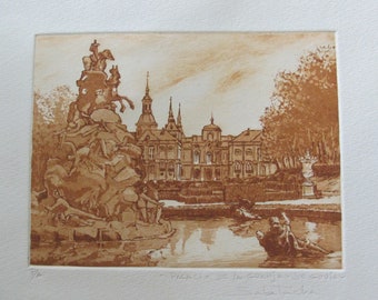 May include: A sepia-toned etching of a palace with a fountain in the foreground. The palace has a symmetrical design with multiple towers and windows. The fountain features a statue of a person riding a horse.
