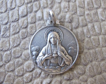 SACRED HEART of Jesus Bless Mother Mary Sterling Silver Medal Pendant.Italian 925 Silver. Handcrafted in Italy. Spiritual Protection Jewelry