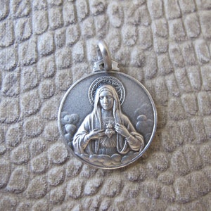 Medalla de plata de ley con el SAGRADO CORAZÓN de Jesús y la Virgen María. Plata 925 italiana. Hecha a mano en Italia. Joyería de protección espiritual.