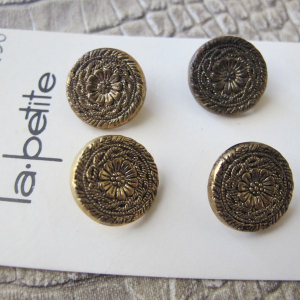 la petite Gold Flower Resin (Metal Brass Look) Old Stock 5/8 IN Sewing Buttons, Style 2638, 3 of the 4 buttons look new. As Is Condition