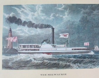 Impresión a color del barco de vapor Milwaukie Steamers, vintage, impreso en Alemania, paisajes marinos, barcos fluviales, faro, siglo XIX marítimo