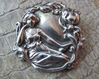 Art Nouveau Style Silver Plate Lady in Repose with Flowers, Pin Brooch, Repousse Look Silver, Antique Inspired Edwardian Lady Silver Brooch