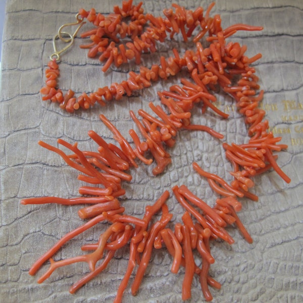 Mediterranean Branch Coral Bead Necklace. Gold over 925 Sterling Clasp. Professionally Restrung & Hand Knotted w/ Coral Silk. Exotic Coral