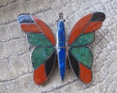 Inlaid Gemstone Hardstones Set 950 Silver, Handmade Native American Indian Brooch Pin, or Pendant. Lapis Lazuli, Black Onyx, Jasper, Green