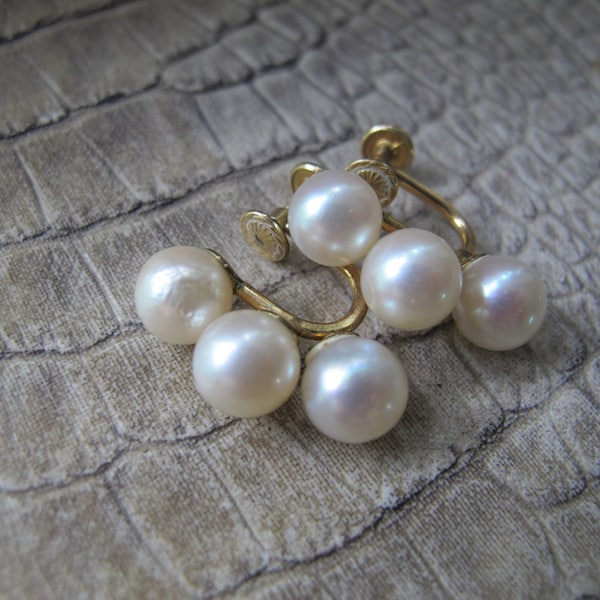 Trio Three Cultured Pearl Screw Back Earrings, Vintage, Real Pearls, 12k Gold Filled Screw On Findings. 1960's to 1970's Salt Water Pearls