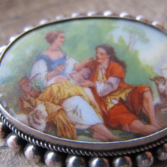 Broche romantique vintage Limoges de France peinte à la main et signée - estampée - C17 - France